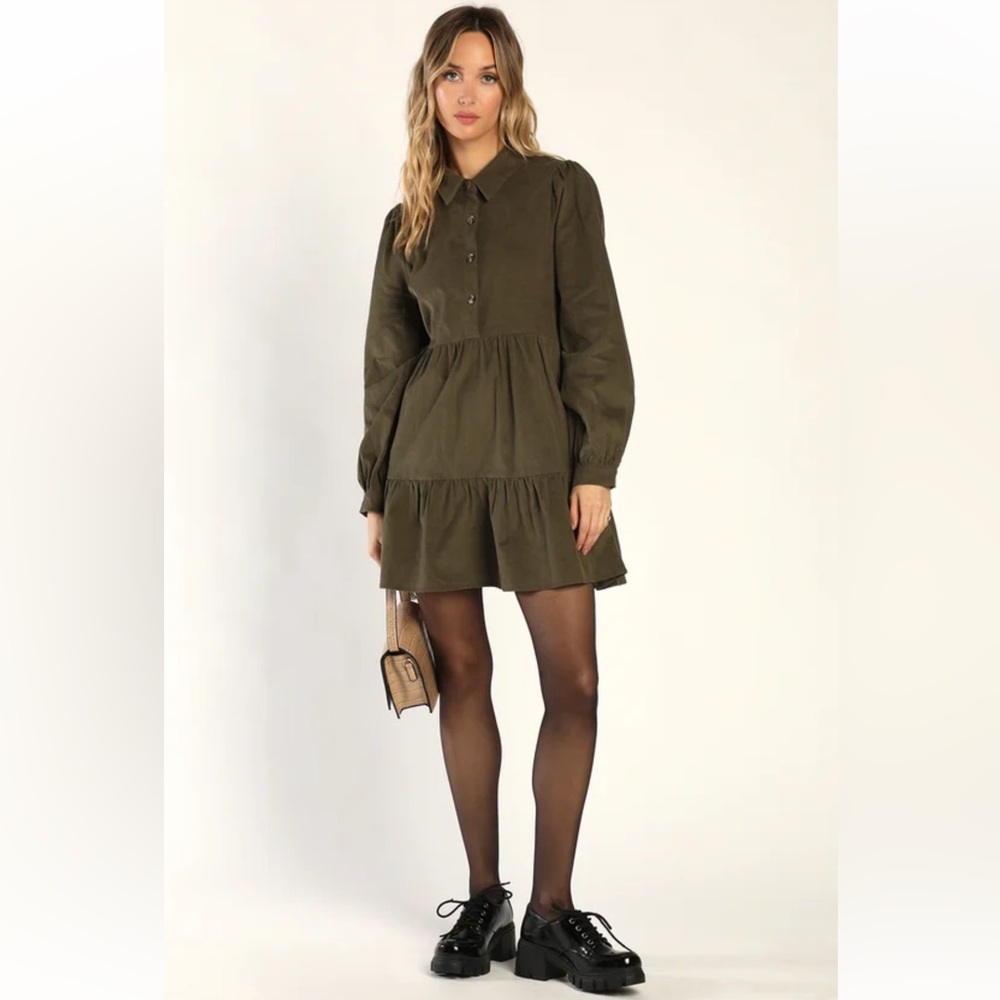 Lulus Olive Green Button-Up Corduroy-like Tunic Dress size M
